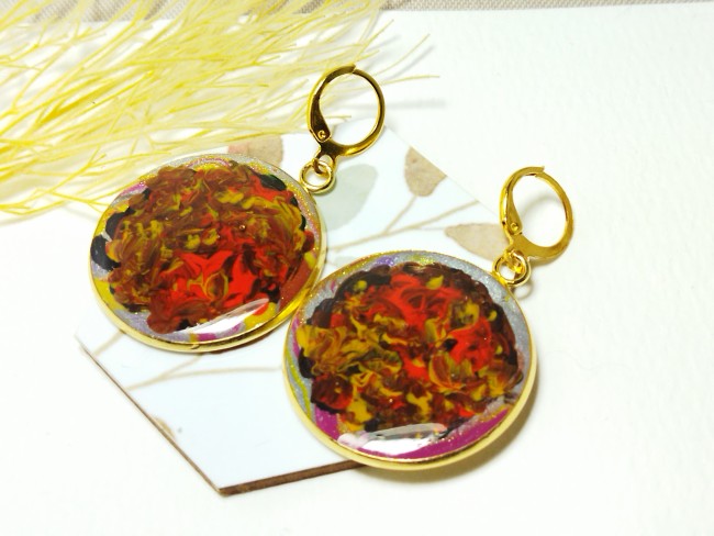 Boucles d'oreilles "Tourbillon d'Ambre" -  Cabochons picturaux abstraits aux reflets pailletés