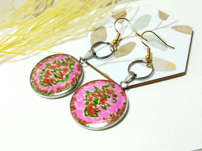 Boucles d'oreilles "Floraison Rose" -  Cabochons Abstraits Rose, Vert et Terracotta -  Pièce unique
