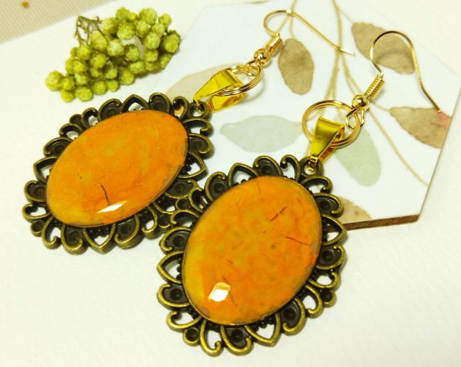 Boucles d'oreilles "Cratères Solaires" -  Cabochons pictureaux orange & bronze -  Pièce unique