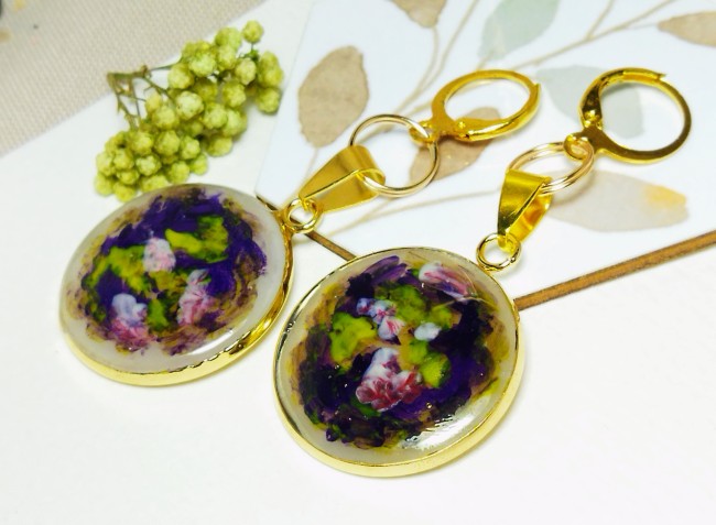 Boucles d'oreilles picturales "Jardin d'Améthyste" -  Peinture abstraite florale