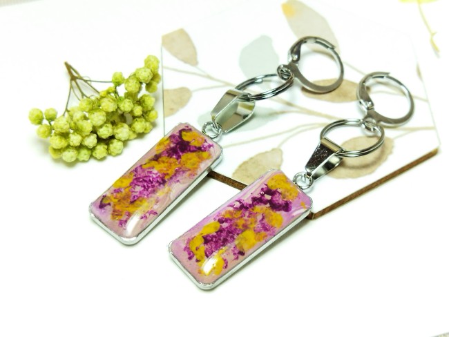 Boucles d'oreilles "Éclats de Fleurs" -  Cabochons pictureaux rose, violet & Ocre -  Pièce unique