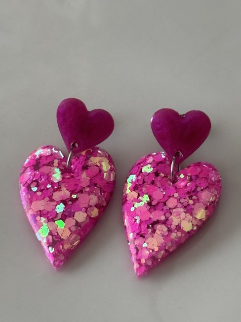 Boucles-doreilles-Coeur-Mix-Rose-COEUR Boucles d'oreilles cœur rose à paillettes artisanales – Madame Cousette