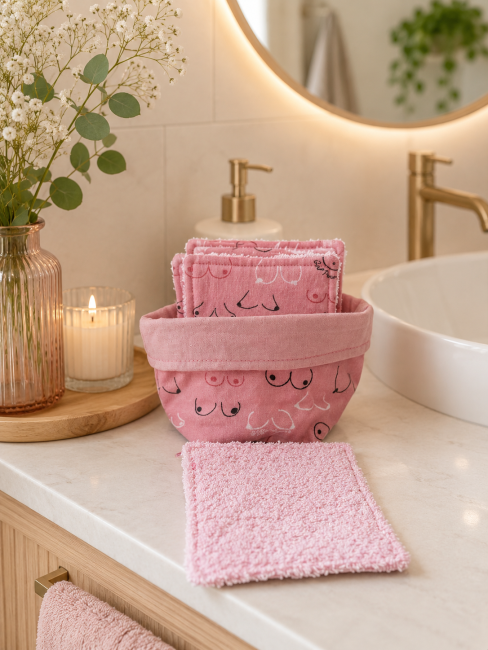Lot de 5 lingettes lavables démaquillantes en coton avec panier de rangement assorti fait main.
