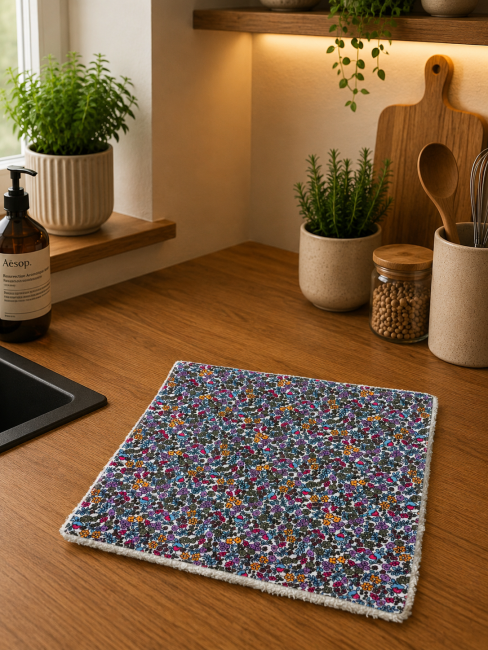 Essuie-tout lavable BIO Fleurettes Colorées | Coton biologique GOTS Essuie-tout lavable bio motif fleurettes colorées en coton biologique certifié GOTS sur plan de travail en bois