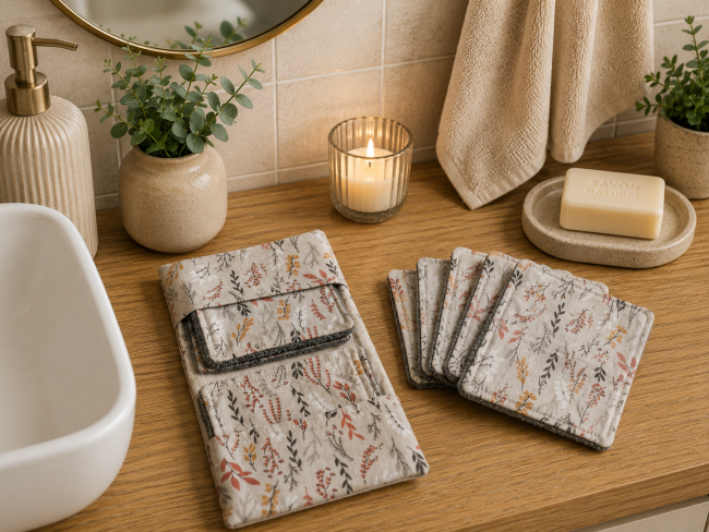 Étui de Voyage et 5 Lingettes Démaquillantes Lavables | Coton & Bambou Étui de voyage avec 5 lingettes démaquillantes lavables en coton et bambou motif feuillage beige dans une salle de bain élégante.