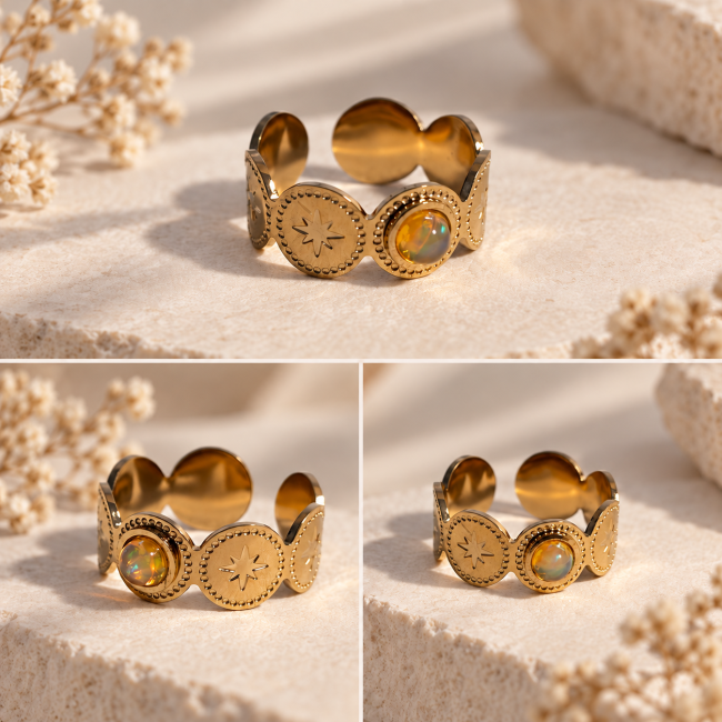 Bague réglable en acier inoxydable doré avec pierre naturelle opale aux reflets irisés