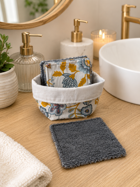 Lot de 5 lingettes lavables fleuries avec panier de rangement en coton et éponge de bambou fait main
