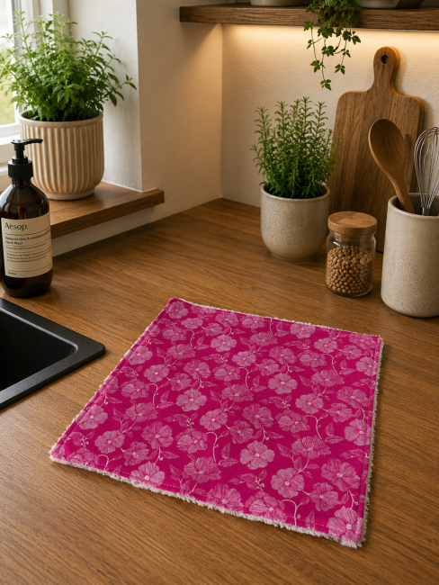 Essuie-tout lavable bio fleurs rose fuchsia en coton biologique certifié GOTS sur plan de travail en bois