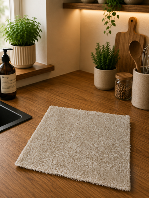 Essuie-tout lavable BIO Fleurettes Colorées | Coton biologique GOTS Essuie-tout lavable bio motif fleurettes colorées en coton biologique certifié GOTS sur plan de travail en bois