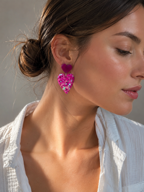 Boucles-doreilles-Coeur-Mix-Rose Boucles d'oreilles cœur rose à paillettes en résine UV anti-jaunissement avec attaches en acier inoxydable, création artisanale de Madame Cousette.