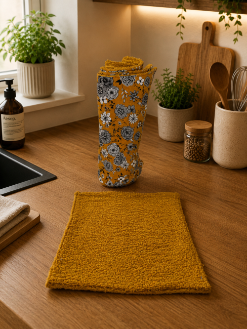 Essuie-tout lavable Fleurs Bohèmes Jaune Moutarde – Lot de 5 feuilles réutilisables en coton |