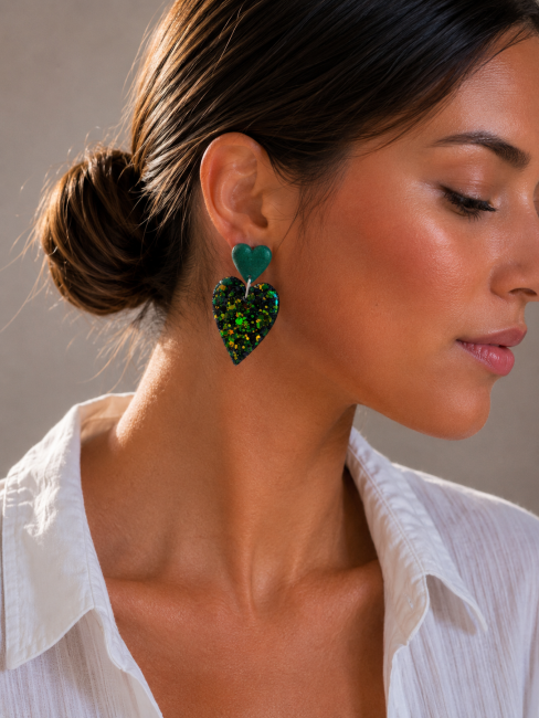 Boucles-doreilles-Coeur-vert- coeur- madame- cousette Boucles d'oreilles cœur vert doré à paillettes en résine UV anti-jaunissement avec attaches en acier inoxydable, création artisanale Madame Cousette.