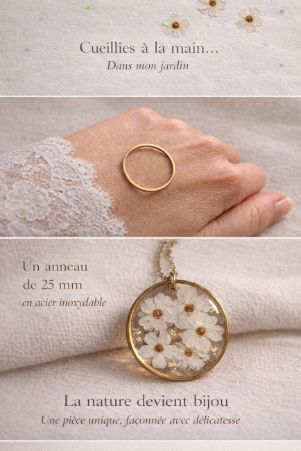 Collier myosotis blanc fait main – bijou fleurs séchées acier inoxydable