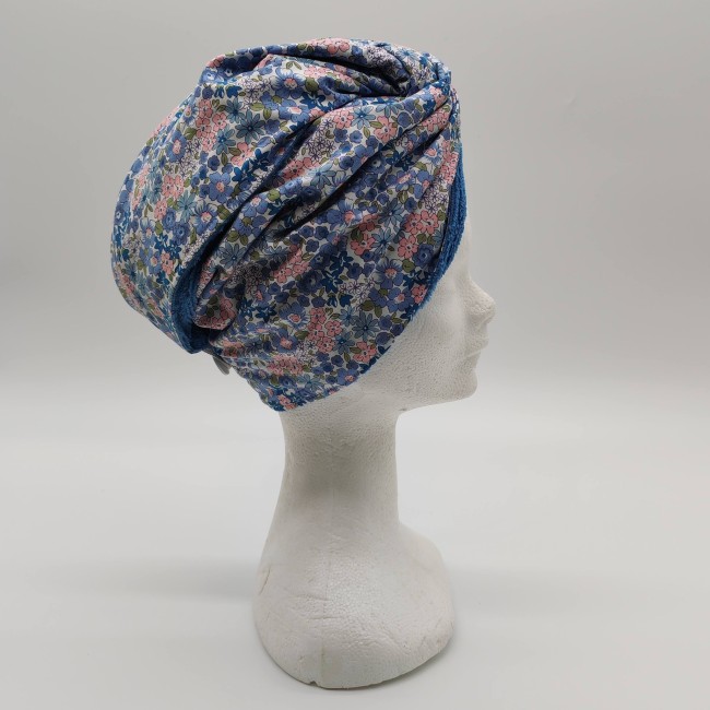 serviette cheveux éponge bambou bleue petites fleurs 4