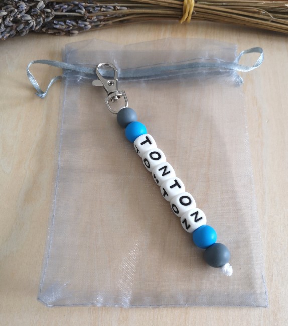 pochon porte clé perle ronde gris bleu