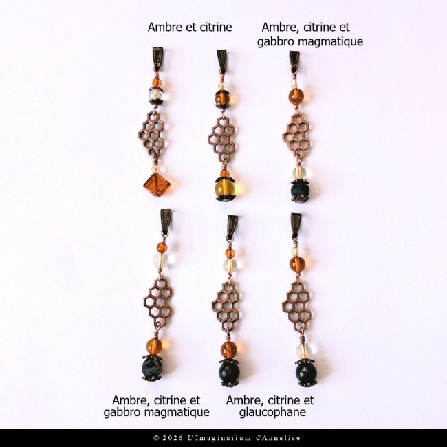 Pendentifs Ynhélia - Ambre, citrine, gabbro, glaucophane, métal...