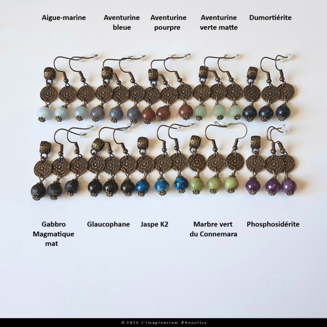 pa317a_anathilde Anathilde - Parures en pierres naturelles 8 mm bleues, noires, verte, violettes sur métal couleur bronze