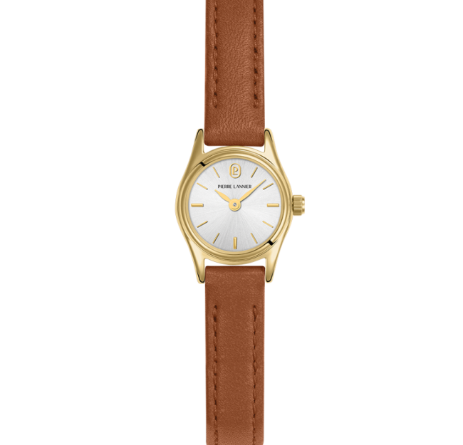 Montre Quartz Femme PYA Doré Cadran Soleillé Argenté Bracelet Cuir Brun 10MM