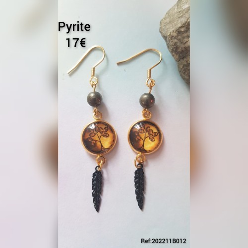 Boucles d'oreilles cabochon arbre et Pyrite