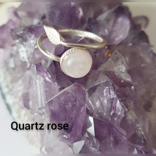 Bague Quartz rose 8mm, feuille argent 925