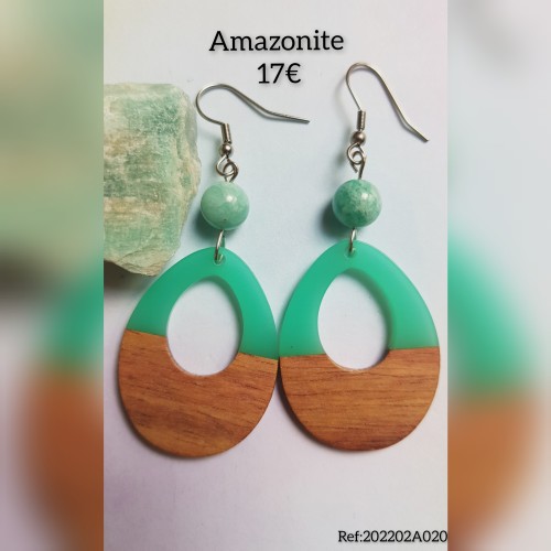 Boucles en bois goutte et Amazonite