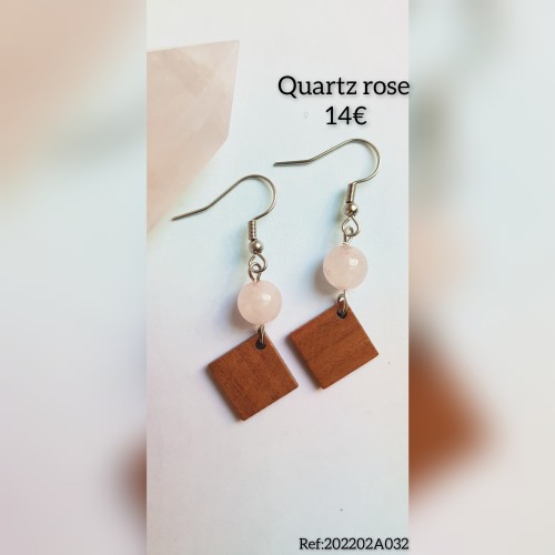 Boucles d'oreilles en bois losange et Quartz rose