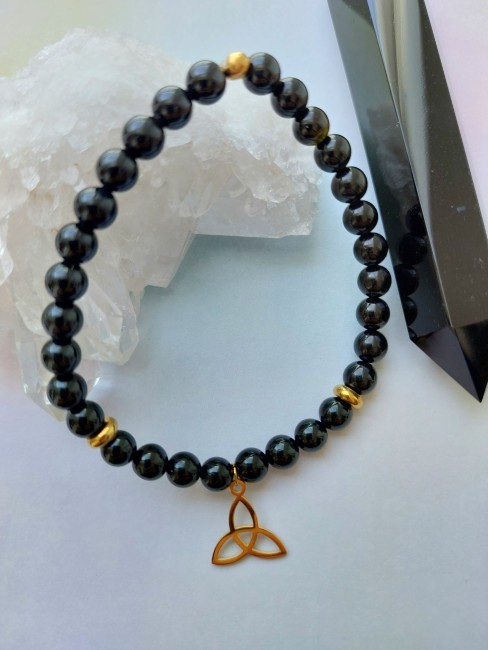 Bracelet Obsidienne noire 6mm doré